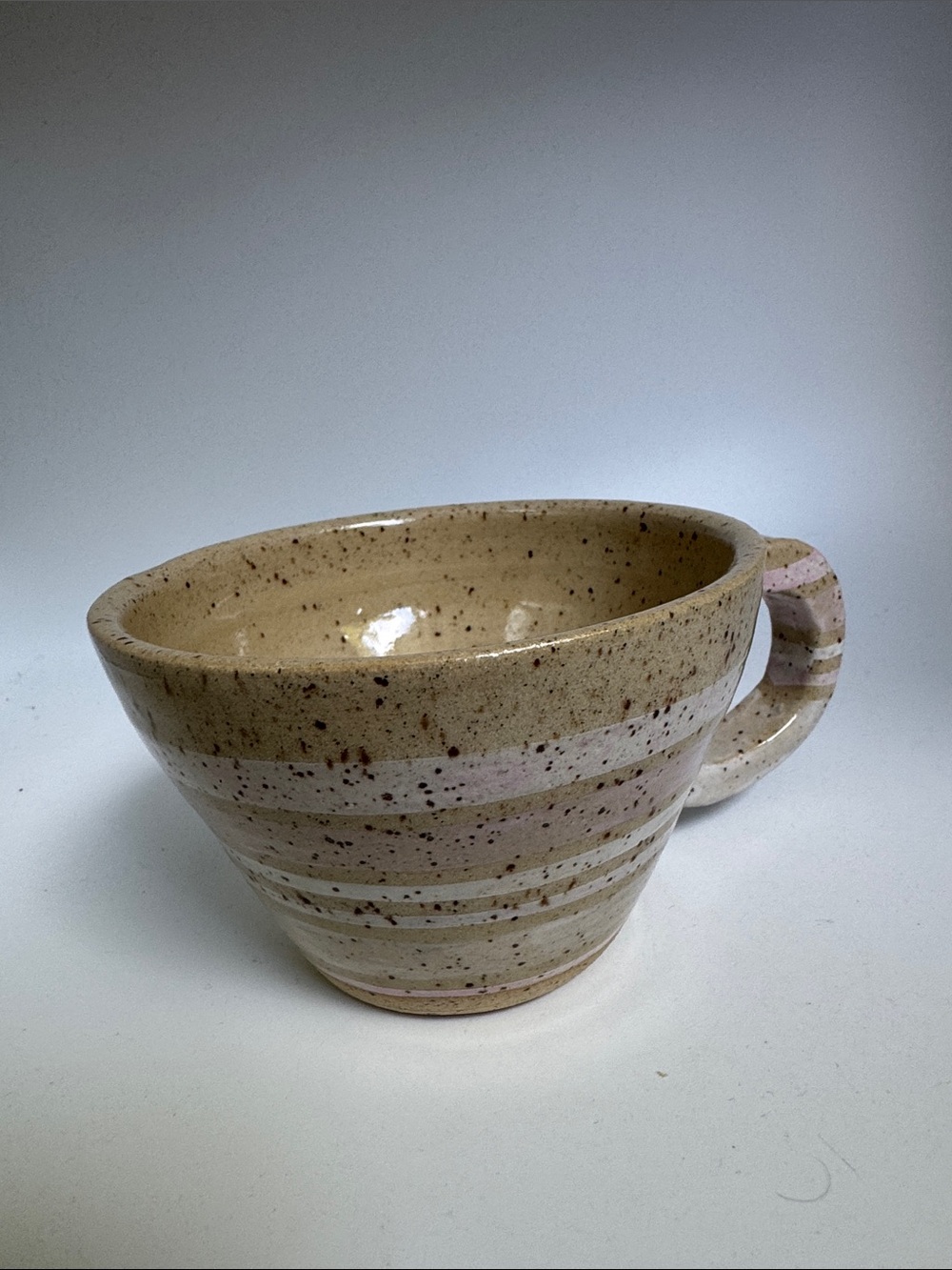 Handmade Speckled Ceramic Mug with pink and white stripes